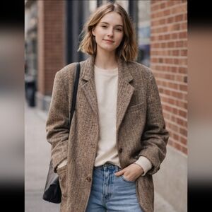 Vintage Harris Tweed Herringbone Brown Scottish Wool Oversized Medium Large Doen